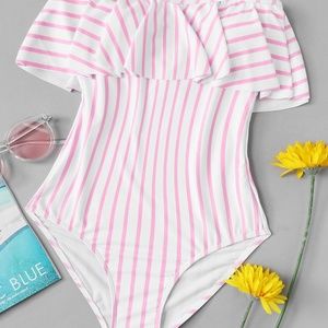 Pink & White Striped Flounce Swimsuit